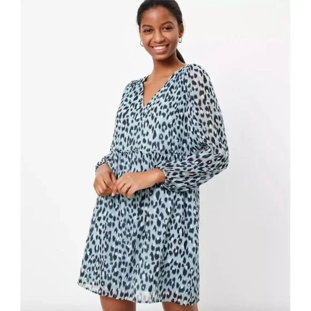 LOFT Leopard Print V-Neck Long Sleeve Swing Dress S